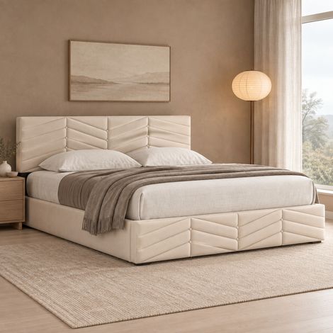 Lit double 180x200 cm en velours beige, coffre de rangement hydraulique, tête réglable - CHICFURN (1/5)