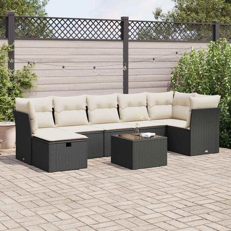 Ensemble Salon Jardin 8 Places Noir Résine Tressée avec Coussins Crème - 6 Sièges Modulables, Table et Pouf (1/5)