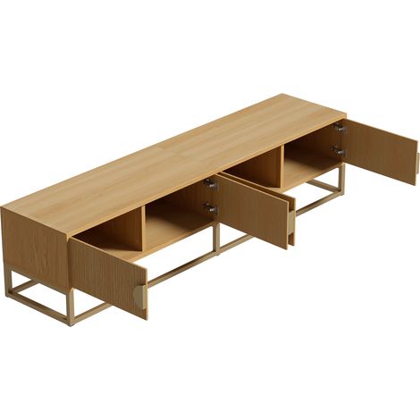 Meuble TV 180 cm aspect bois avec 4 portes et poignées demi-lunes (1/5)