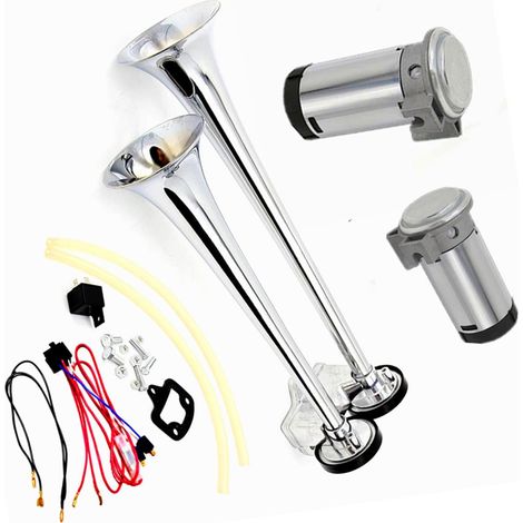 Klaxon de voiture Air Horn 165db Klaxon de camion 12V Haut-parleur de Trompette à double tube en zinc chromé argenté avec deux pompes à air Compresseur Car Horn pour 12V camion bateau SUV etc (1/5)