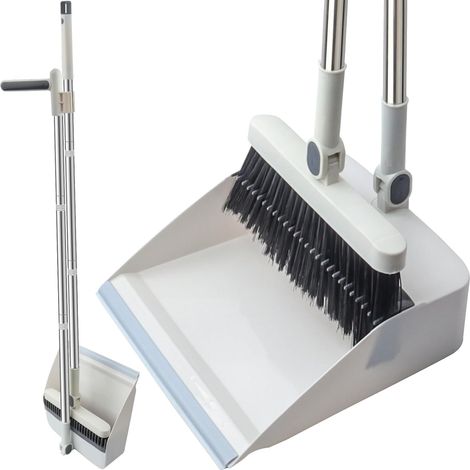 Ensemble balai et pelle à poussière avec dents de peigne - Résistant au vent - Manche long vertical - Kit de nettoyage pour la maison (Blanc) (1/5)