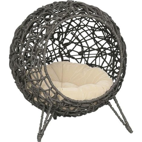 Maison pour chat en rotin avec coussin, lit pour chat, niche pour chat avec pieds surélevés, gris argenté, Ø52 x 58 cm (1/5)