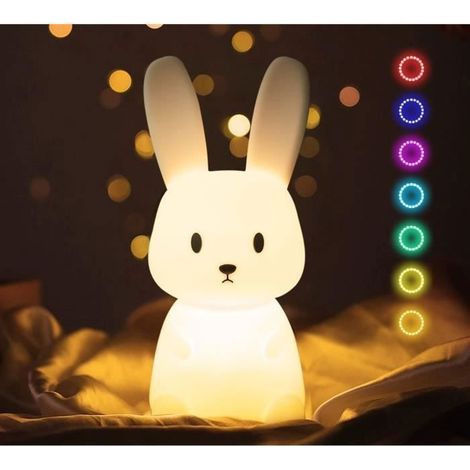 KLVGTIFS PU - Lapin Veilleuse Bebe Avec 7 Changements de Lumière,Contrôle de tap,Recharge USB, Lampe de Chevet Pour Chambre D'enfant Cadeau Jouet (1/4)