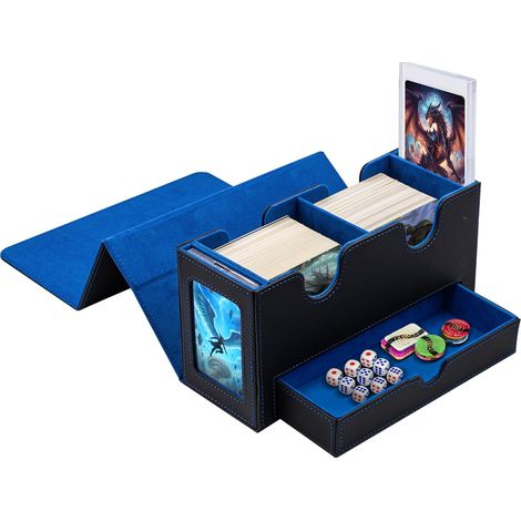 Boîte à Cartes Double Couche pour MTG, avec Tiroir pour Dés, 2 Fenêtres D'affichage Latérale, Magnetic Deck Box Contenir à 300+ Cartes pour Commander TCG Cartes à Collectionner - Bleu Noir (1/5)