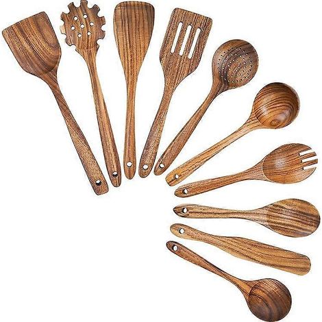 Ustensiles de cuisine en bois, ensemble d'ustensiles de cuisine comprenant des cuillères en bois de teck et une spatule en bois pour la cuisson (1/4)
