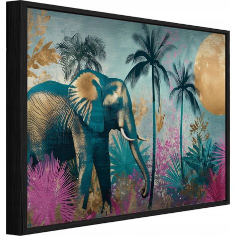 Peinture sur métal dans un cadre noir éléphant jungle loft living room bedroom 120x80 (1/3)