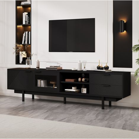 Mueble TV 200x40x50.5 cm negro en tablero de partículas con vidrio templado, 2 puertas, 2 cajones y almacenaje (1/5)