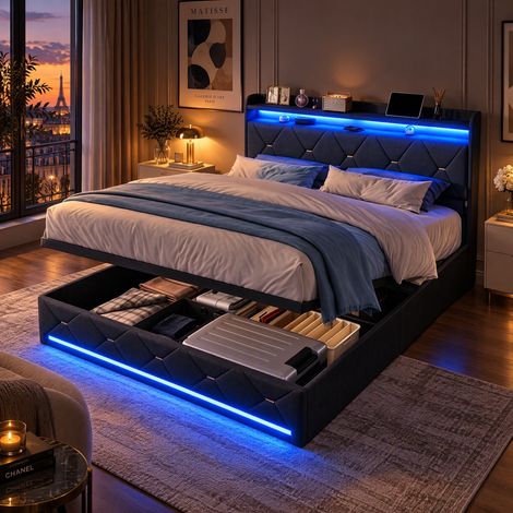 JOOKGBD- Polsterbett 140x200 cm, Doppelbett mit LED-Beleuchtung und USB-Anschlüssen, hydraulischer Bettkasten, gepolstertes Kopfteil, inklusive Lattenrost, Jugendbett, Leinen, Grau (1/5)