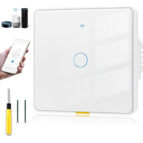 Interrupteur intelligent Interrupteur tactile intelligent WiFi Méthode de câblage universelle (pas de Neutre+ Neutre nécessaire)1 Gang Télécommande sans interrupteur Internet Fonctionne (1/5)