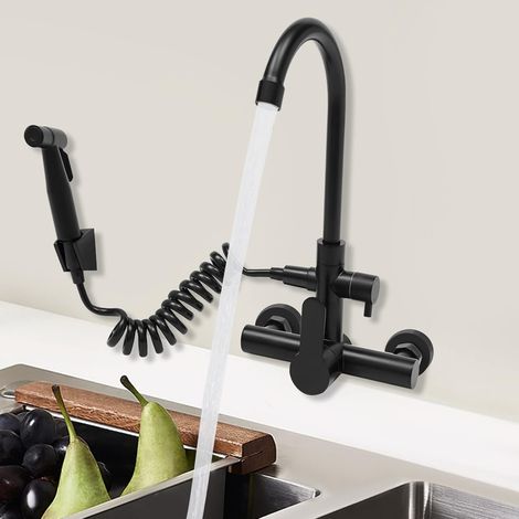 Moderno rubinetto da cucina a parete nero con pistola a spruzzo in acciaio inox 304 e bocca alta 180°
