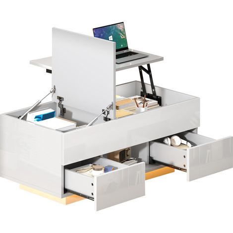 Table basse relevable 100 x 45 x 43 cm avec éclairage led, 2 tiroirs et rangement caché, plateau brillant au design moderne, stratifié, blanc (1/5)