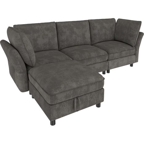Sofá modular esquinero gris de chenilla con puf arcón, 4 plazas, 225 x 137 x 84 cm (1/5)