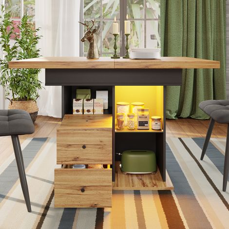 Tavolo da pranzo allungabile 110-140x80x75 cm nero e naturale in MDF con illuminazione LED smart e vano contenitore (1/5)