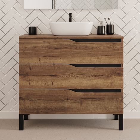 Meuble de salle de bain 90cm avec plateau et vasque à poser zeus - 3 tiroirs - sans miroir - tabaco (chêne foncé) - MATA (1/4)