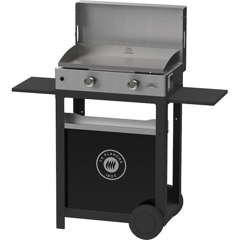 LE MARQUIER Plancha gaz inox - Duo Edition - Chariot noir - Couvercle inox - 2 brûleurs 4 kW (1/3)