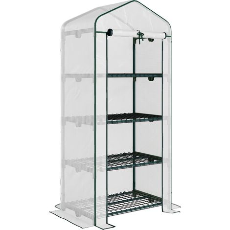 GagaSerre de jardin PE avec étagères 4 niveaux, serre de balcon, bâche renforcée 140 /m², châssis en acier, porte zippée enroulable, pour légumes plantes, intérieur extérieur, 70x50x160cm, blanc (1/5)