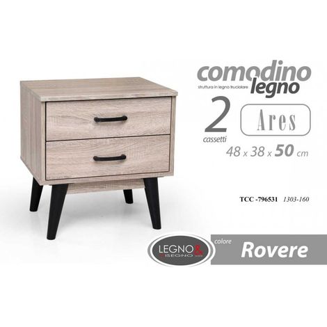 Mesita de noche roble alto pies negros Dos cajones cm 48 x 38 x 50 h