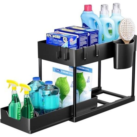 Rangement sous Évier à 2 Étages, Organisateur Cuisine avec Tiroirs Amovibles，Rangement Tiroir Cuisine avec 4 Crochets et 1 Gobelet Suspendu, Organisateur Placard (Noir) (1/4)