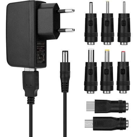 Chargeur USB 5V2A Universel Adaptateur Secteur avec 8 Embouts Connecteur à d'écoupage pour appareils -Noir (1/4)