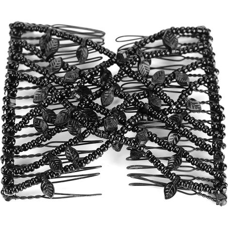 Peigne Magique à Perles Feuilles Pince à Cheveux Double Broche Accessoire Coiffure Femme (Noir) (1/5)