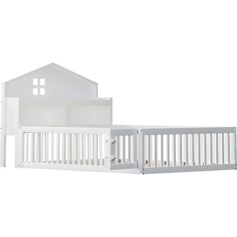 Lit cabane enfant 140 x 200 blanc avec rangements, barrière, porte et sommier (1/5)