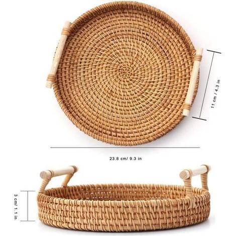 Assiette,Plateau rond en rotin tissé à la main, avec poignée en bois, plateau en osier, panier à pain, assiette à - Type 24cm (1/4)