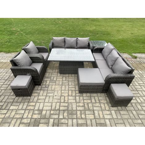 Fimous Wicker PE Rattan Outdoor Garden Furniture Sets Height Adjustable Rising lifting DiningTable Sofa Set with Reclining Chair Side Table 3 Footstools Dark Grey Mixed (1/5)