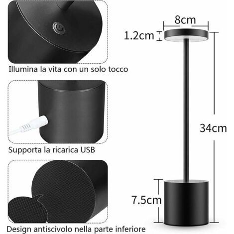 FOREHILL Kabellose Tischleuchte, Akku, 2 Helligkeitsstufen, Nachttischlampe aus Metall, für Wohnzimmer, Schlafzimmer, Büro, Studio (Schwarz) (1/4)