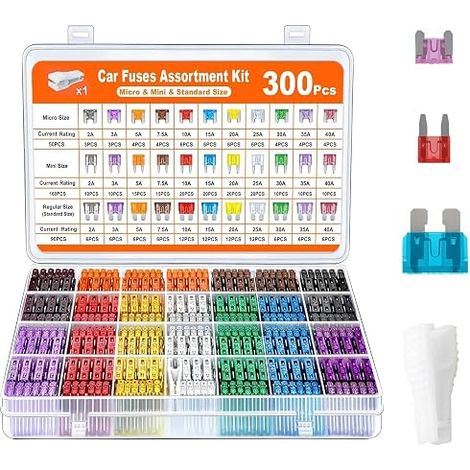 300pcs Car Fuse Set with 160 Miniature Fuses, 90 Standard & 50 Micro Fuses, 1 Extractor & Storage Box, 2A-40A Automotive Tools Multiple Specifications for Cars, RV, Truck & Motorcycle (1/4)