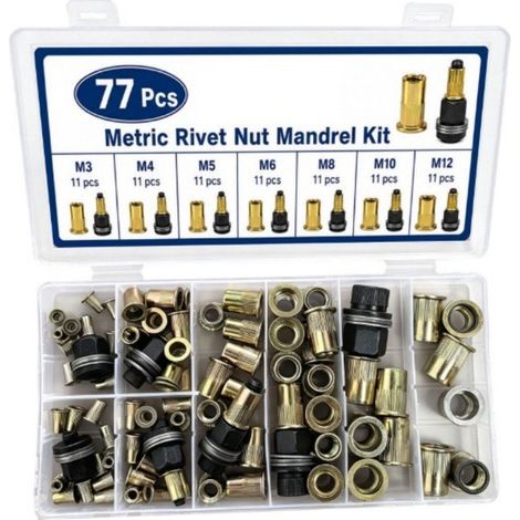 Kit d'adaptateur d'écrou à riveter pour perceuse, 77 pièces, mandrin d'écrou à riveter M3, inserts filetés métriques, idéal pour le bricolage et les modifications de carrosserie (1/5)