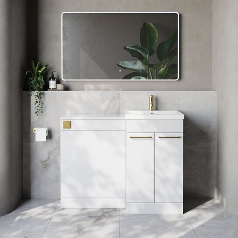 Napoli 390 Cento Gloss White 1100mm 2 Door Vanity Unit Toilet Suite with Glide Basin - 1100mm - Brushed Brass 160mm HandleWithout Kingston Toilet Pan