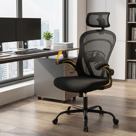Fauteuil de bureau ergonomique noir, accoudoirs pliables, dossier haut maille noir cadre noir, soutien lombaire, chaise pivotante bureau maison gaming (1/5)