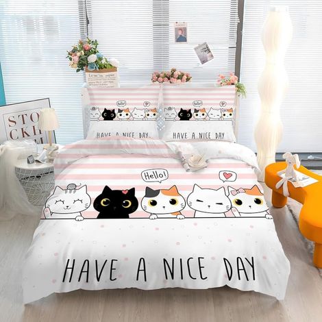 Housse de Couette 200x200 Adulte Chat Rose Parure de Lit 2 Personnes (1/5)