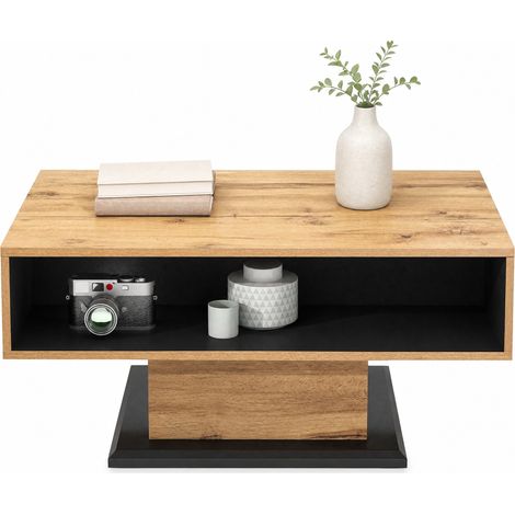 Table basse avec rangement, tiroir sans poignée, double espace de rangement avant et arrière, plateau effet bois clair, idéale salon bureau CHICFURN (1/5)