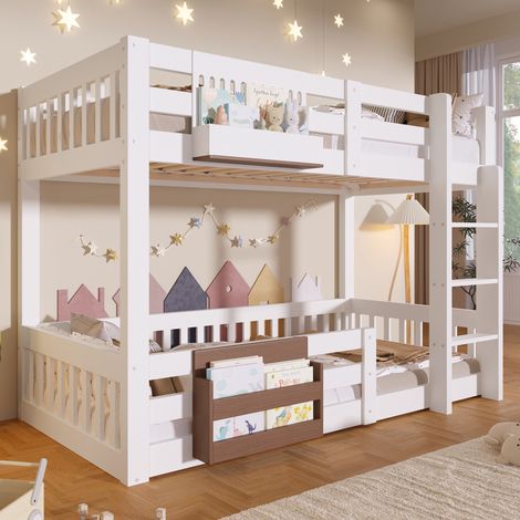 Lit superposé, 90 x 200 cm, compartiments de rangement, barrière de sécurité, échelle, sans matelas, blanc, lit enfant avec rangement, lit enfant avec barrière, design moderne et fonctionnel (1/5)