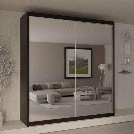 Sliding Wardrobes 4U Queen Full Mirror Sliding Wardrobe with Storage Shelves, Drawers & Rails - Black 200cm (1/2)