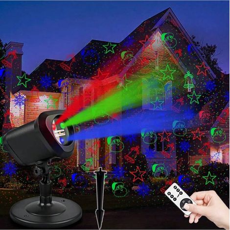 Laser de Noël RGB Rouge et Vert, Projecteur Lumière de Fête pour Jardin, Patio, Mur et Décor Saisonnier, Imperméable, Télécommande, Motifs Festifs, Idéal Intérieur/Extérieur (1/4)