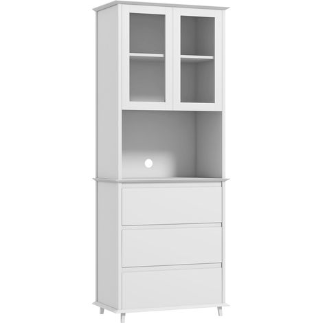 Buffet haut de cuisine 2 portes vitrées étagère niche 3 tiroirs blanc