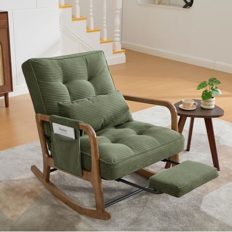 Schaukelstuhl 70x80x92 cm grün aus Cord mit Fußstütze, verstellbarer Lehne, Seitentasche und Lendenkissen (1/5)