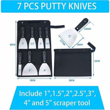 Jeu de Spatules couteau à enduire Ensemble de 7 couteaux à gratter et à mastic. manche en plastique antidérapant avec un sac à outils de rangement pour toile portable (1/5)
