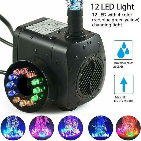 Pompe de fontaine 15w 800lh, pompe de bassin, pompe de fontaine, pompe de jardin, pompe de fontaine avec 12 leds