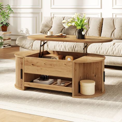 Table basse avec fonction relevable – Rangement dissimulé – Portes coulissantes latérales – Plateau extractible – Structure rainurée – 110×55×55 cm – Naturel (1/5)
