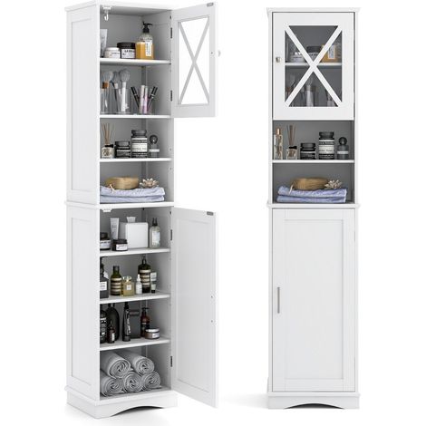 Mobiletto da bagno sottile con 5 ripiani regolabili e 2 ante, mobiletto alto indipendente, bianco