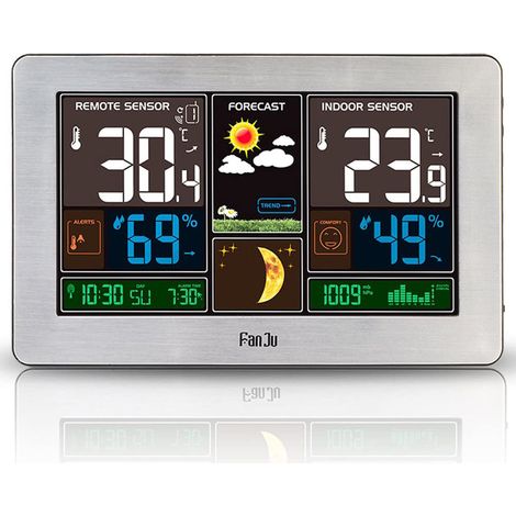 1 station météo radio, capteur extérieur, thermomètre-hygromètre numérique couleur, baromètre, prévisions météorologiques (1/4)