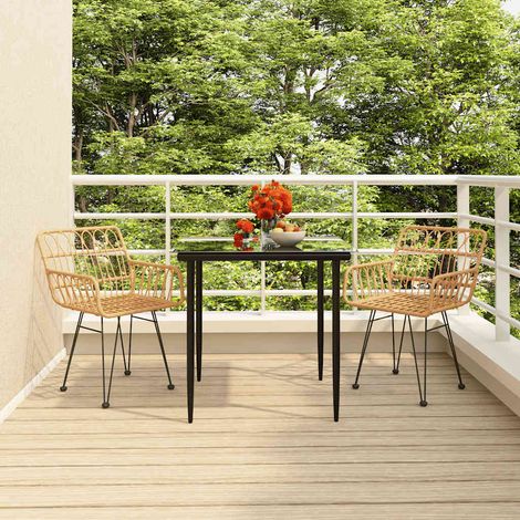 Ensemble repas de jardin 3 pièces en résine tressée, table en verre trempé, noir - PANGIVO (1/5)