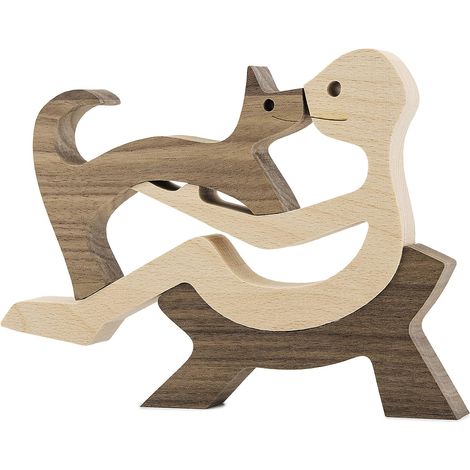 Statuette en bois représentant une famille de chiens et de chats, décoration artisanale en bois, figurine mignonne avec chaton et personnage, figurine de collection pour la maison, le bureau ou le sal