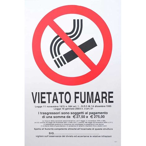 Cartello segnaletico vietato fumare con normativa targa divieto segnaletica segnale con legge da ufficio negozio ristorante in pvc 30 x 20 cm 62831