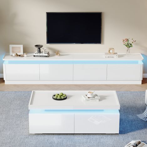Ensemble meuble TV et table basse minimaliste moderne blanc brillant : avec éclairage LED et 4 tiroirs, adapté à un téléviseur de 75 pouces. (1/5)