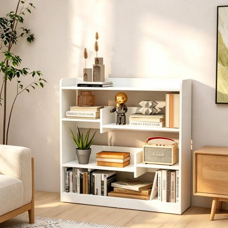 Libreria da terra bianca a 4 livelli in pannello truciolare E1 90 x 24 x 91 cm OKWISH (1/5)