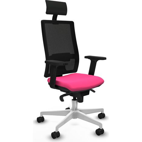 Horna sincro malla negra similpiel rosa brazos 2D base blanca cabecero fijo ruedas 65mm nailon (1/5)